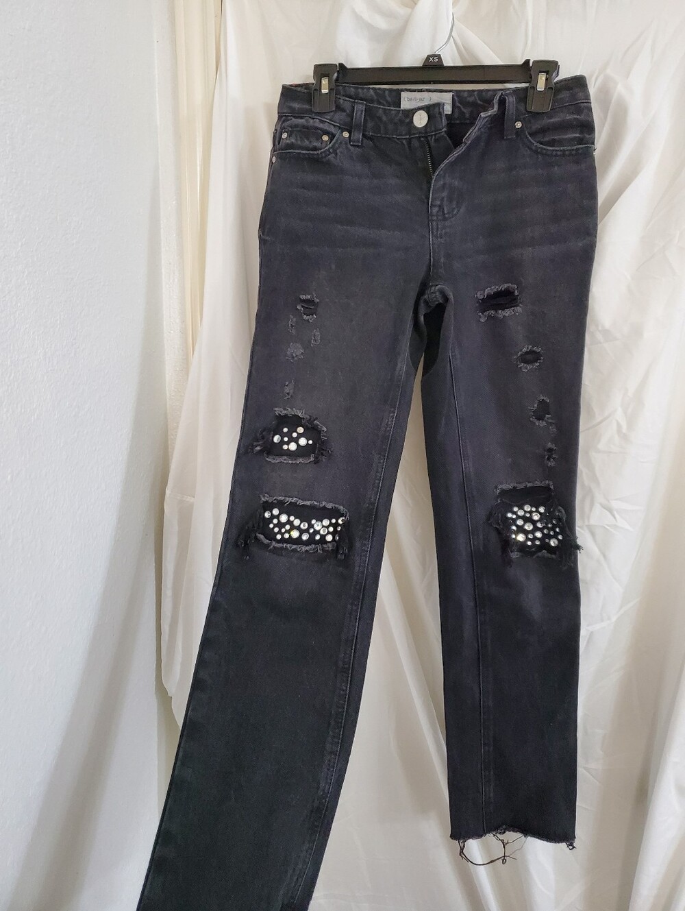 Black distressed shredded studded goth grunge steam punk rocker jeans size 1/24